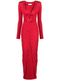 Nissa Floral Applique Ruched Maxi Dress — Red — Size S — Front View