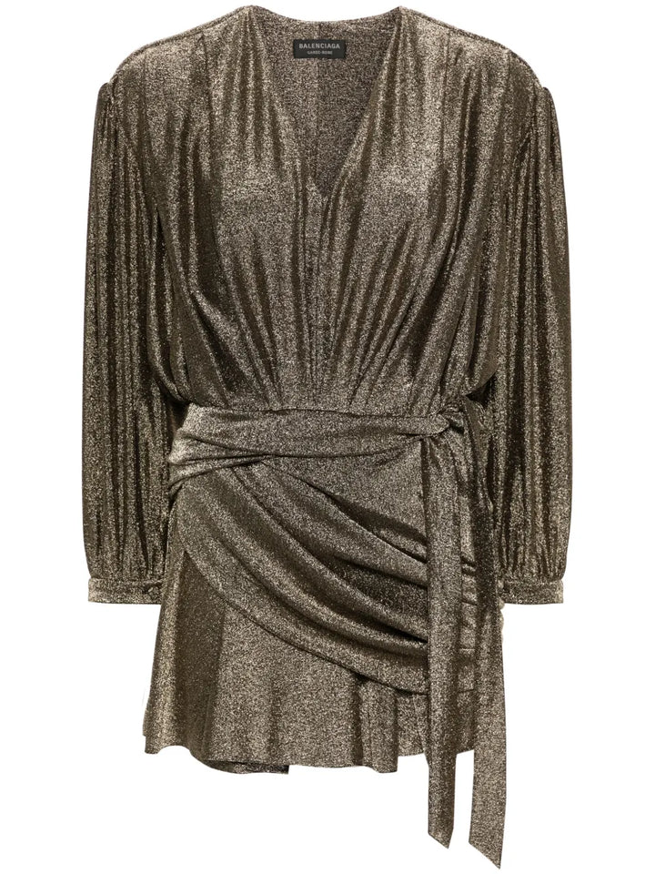 Balenciaga Draped Glittered Mini Dress — Black/ Red/ Gold — Size XS — Front View