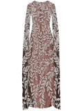 Oscar De La Renta Crystal Embellished Long Sleeve Dress — Beige/ Red — Size XS — Front View