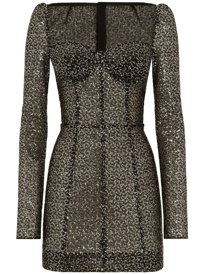 Dolce Gabbana Sequin Embellished Bustier Minidress — Black/ Red — Size XS — Front View