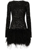 Dolce Gabbana Feather Trim Sequinned Minidress — Black/ Tan — Size S — Front View