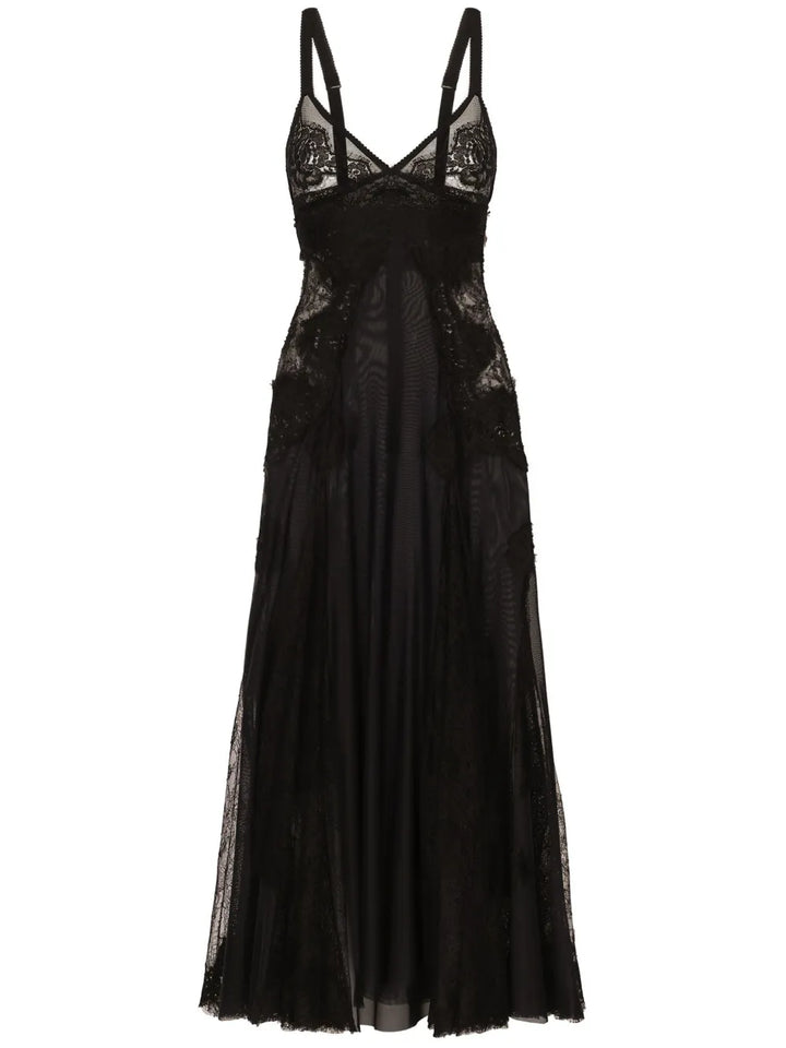 Dolce Gabbana Lace Insert Flared Midi Dress — Black/ Red — Size XS — Front View