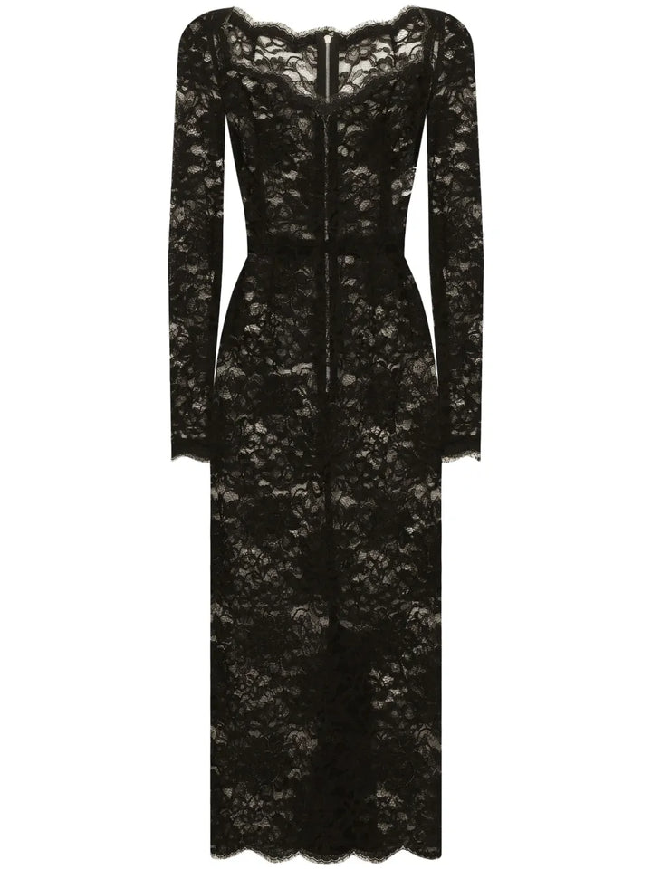 Dolce Gabbana Semi Sheer Lace Midi Dress — Black/ Red — Size S — Front View