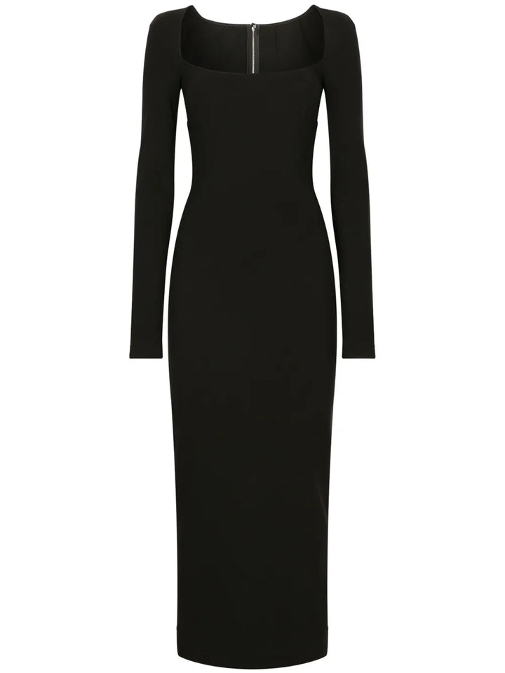 Dolce Gabbana Long Sleeve Square Neck Midi Dress — Black — Size XS — Front View