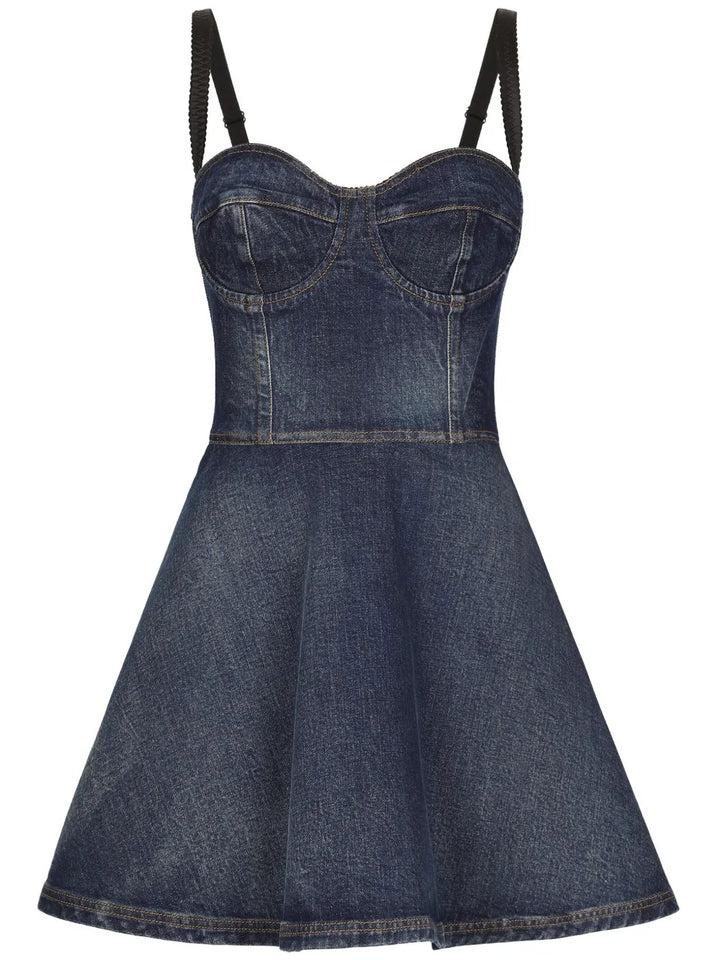 Dolce Gabbana Sweetheart Neck Denim Minidress — Blue/ Navy/ Red — Size XS — Front View