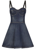 Dolce Gabbana Sweetheart Neck Denim Minidress — Blue/ Navy/ Red — Size XS — Front View