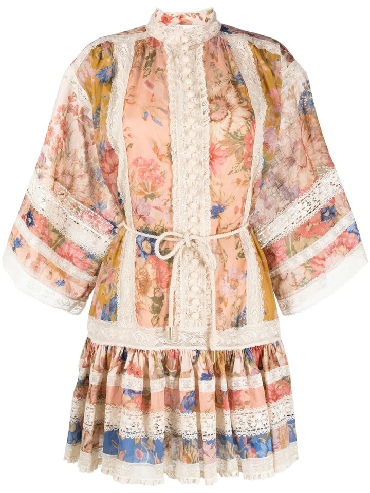 Zimmermann Cira Lantern Short Dress — Tan/ Pink — Size XS — Front View