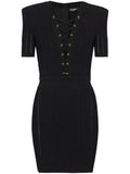 Balmain V Neck Lace Up Minidress — Black/ Gold — Size XS — Front View