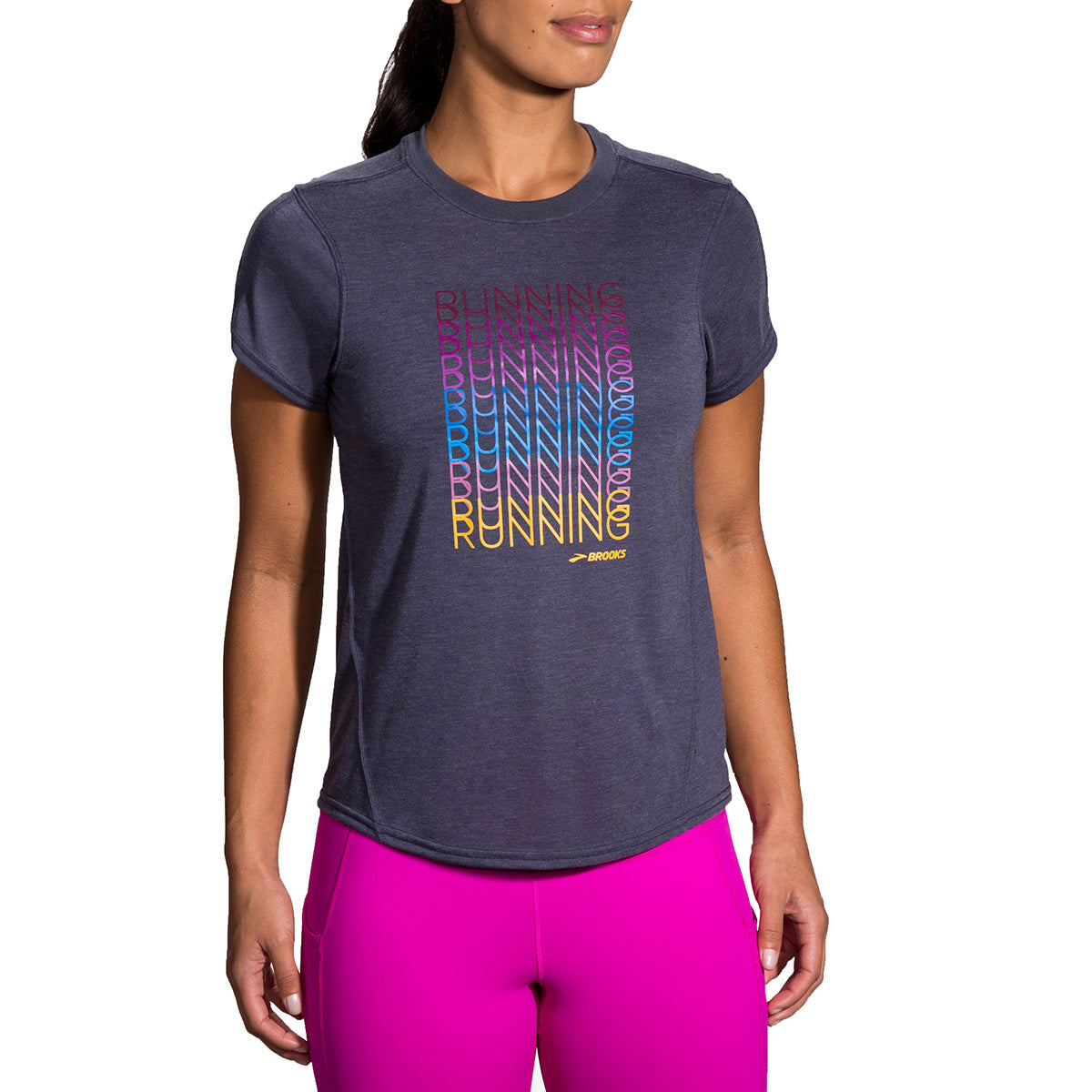 Brooks Distance Graphic Shortsleeve — Heather Ash - Run Happy — Size Small — Detail View