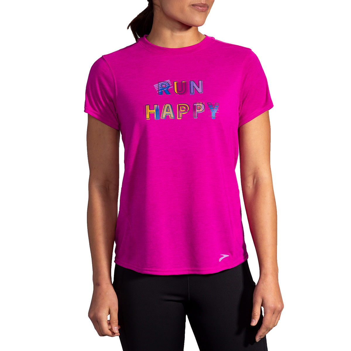 Brooks Distance Graphic Shortsleeve — Heather Ash - Run Happy — Size Small — Front View
