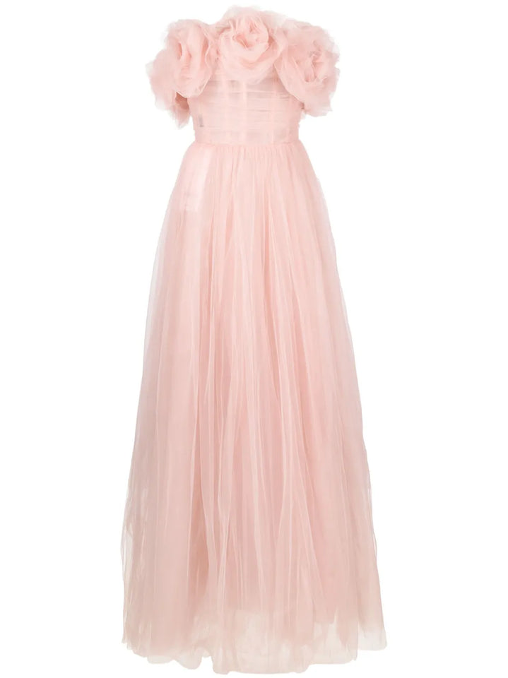 Ana Radu Rose Applique Tulle Gown Dress — Red/ Pink — Size S — Front View