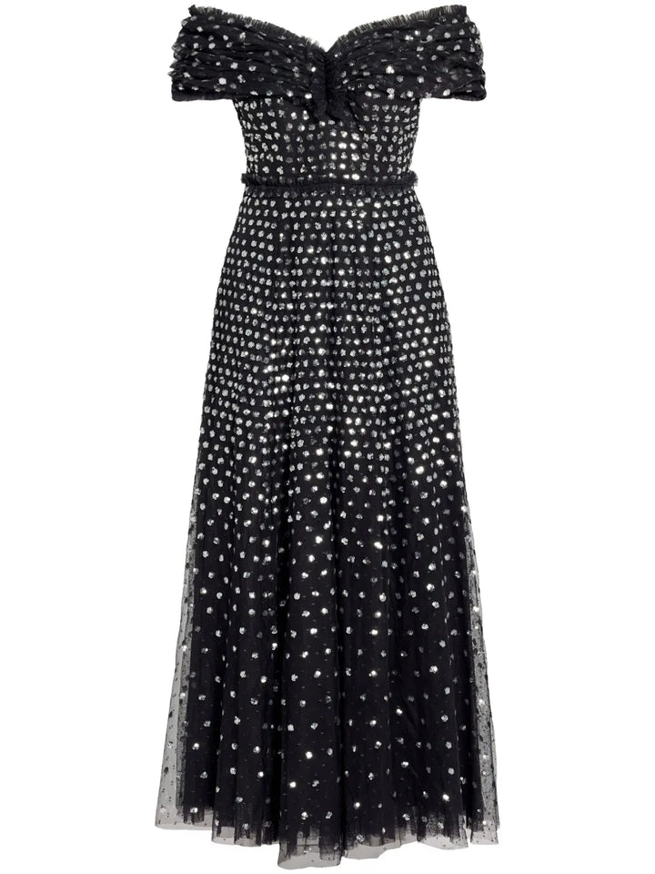 Needle Thread Grace Gloss Off Shoulder Gown — Black/ Red — Size M — Front View