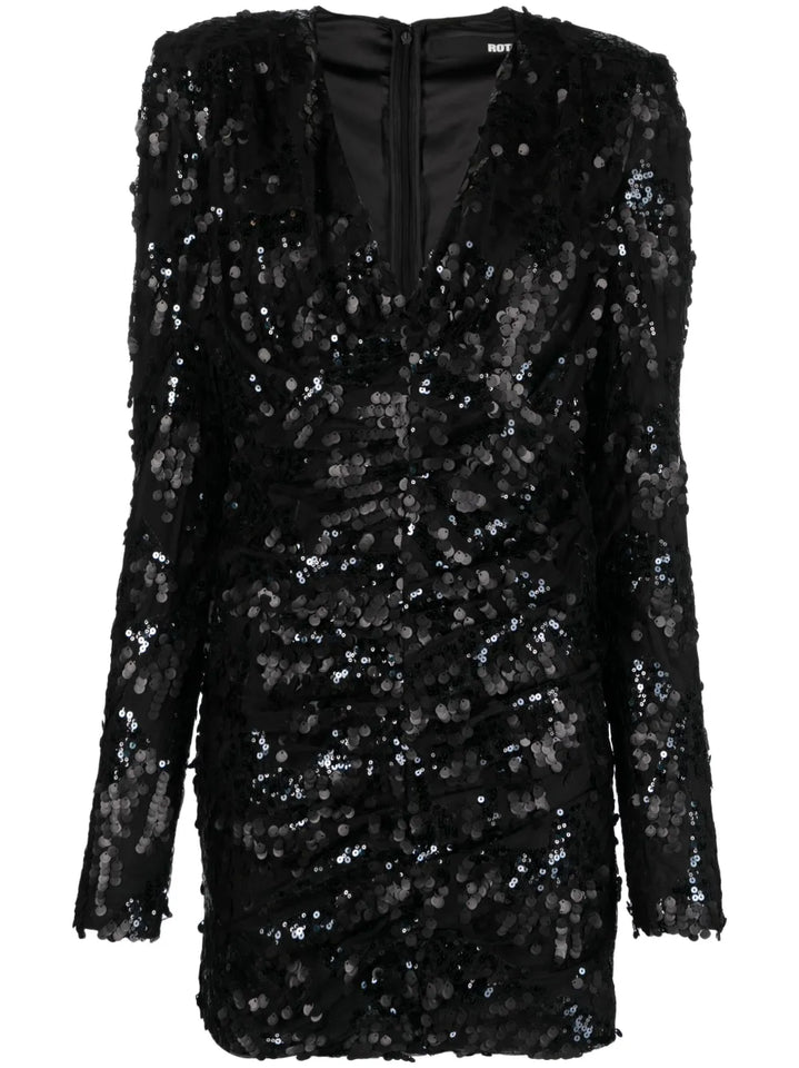Rotate Birger Christensen Sequined Ruched Minidress — Black/ Red — Size XS — Front View