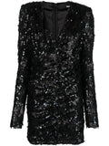Rotate Birger Christensen Sequined Ruched Minidress — Black/ Red — Size XS — Front View