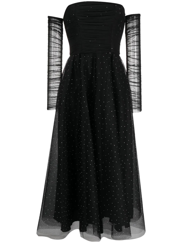 Nissa Crystal Embellished Off Shoulder Dress — Black/ Red — Size XS — Front View