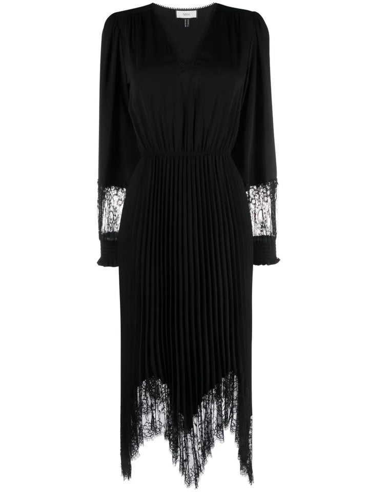 Nissa Lace Trim Pleated Midi Dress — Black — Size S — Front View