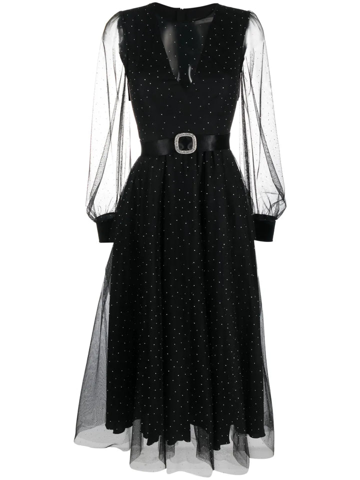 Nissa Crystal Embellished Belted Waist Dress — Black/ Red — Size XS — Front View