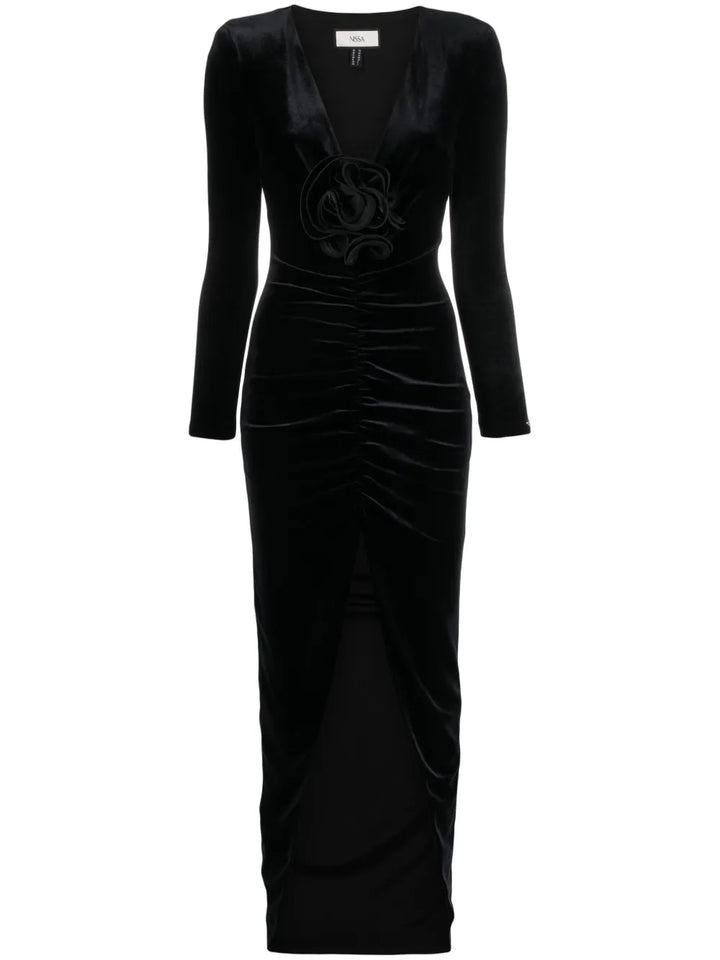 Nissa Floral Detail Velvet Maxi Dress — Black — Size XS — Front View