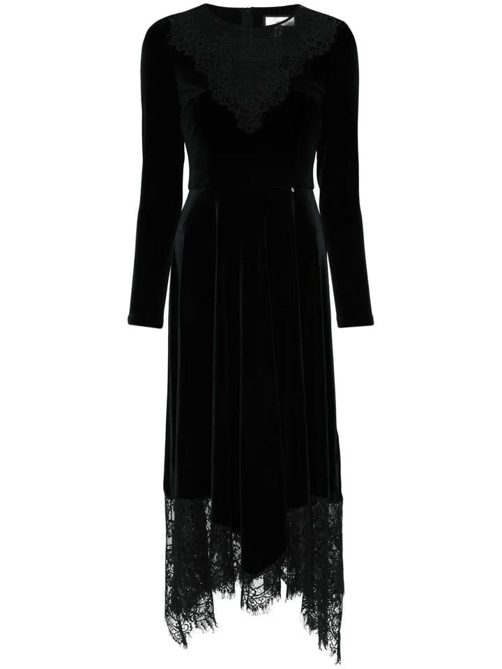 Nissa Floral Lace Velvet Midi Dress — Black/ Red/ Silver — Size XL — Front View