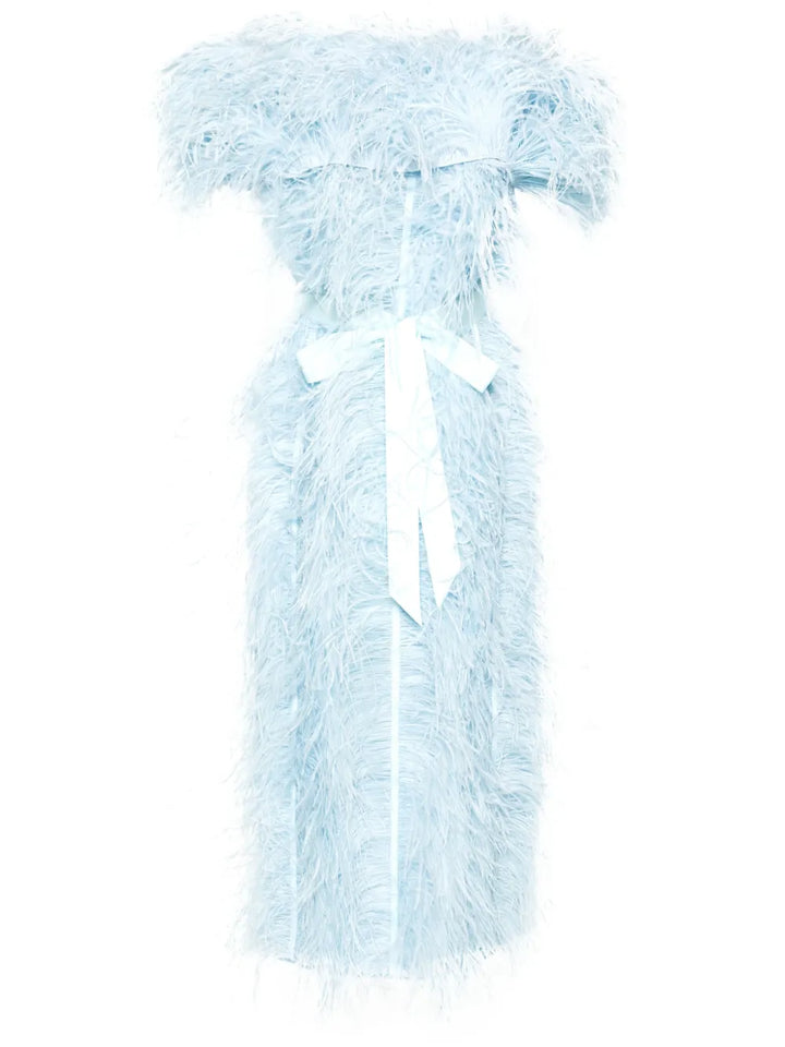 Huishan Zhang Angelina Feather Trim Midi Dress — Blue — Size S — Front View
