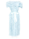 Huishan Zhang Angelina Feather Trim Midi Dress — Blue — Size S — Front View
