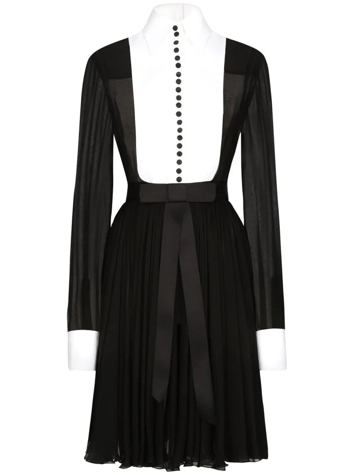 Dolce Gabbana Bib Collar Silk Blend Shirtdress — Black/ White/ Red — Size XS — Front View