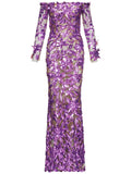Oscar De La Renta Embellished Off Shoulder Gown — Purple — Size XS — Front View