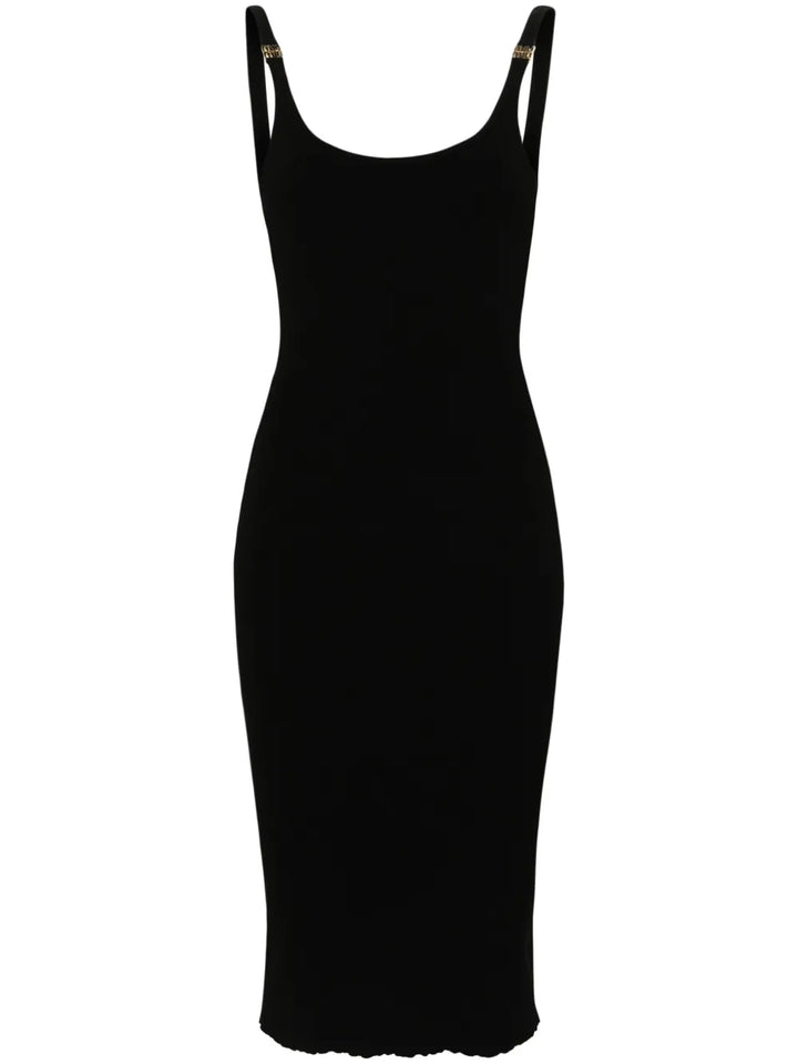 Miu Miu Logo Plaque Ribbed Midi Dress — Black/ Gold — Size S — Front View