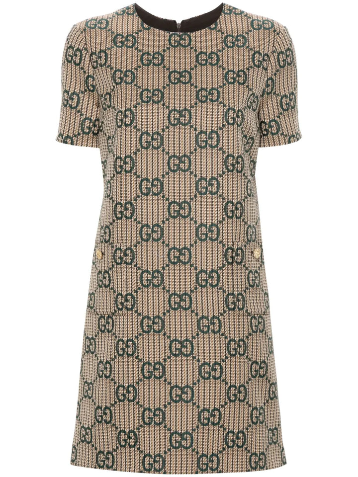 Gucci Gg Jacquard Wool Dress — Brown/ Green/ Gold — Size XS — Front View