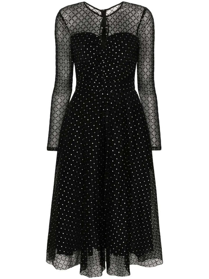 Nissa Glitter Dots Flared Midi Dress — Black/ Red — Size XS — Front View
