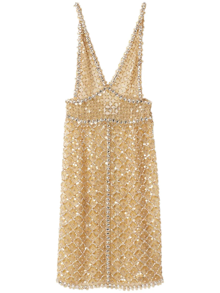 Miu Miu Bead Embellished Organza Midi Dress — Gold — Size S — Front View