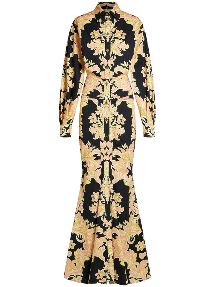 Etro Paisley Print Ruched Gown — Black — Size S — Front View