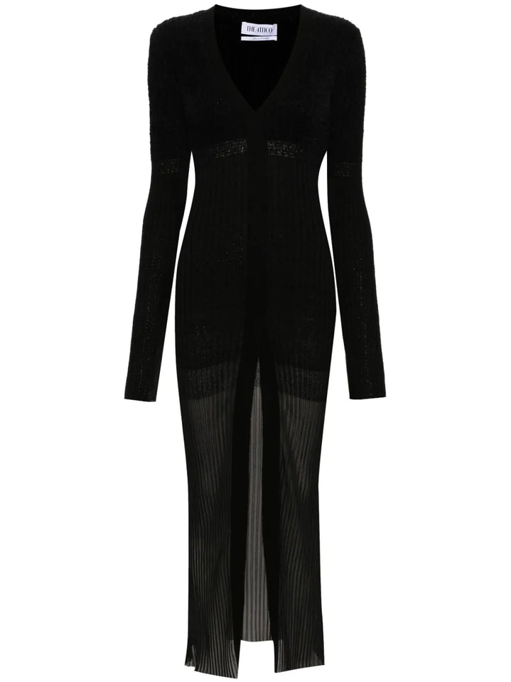 The Attico V Neck Ribbed Midi Dress — Black — Size XS — Front View