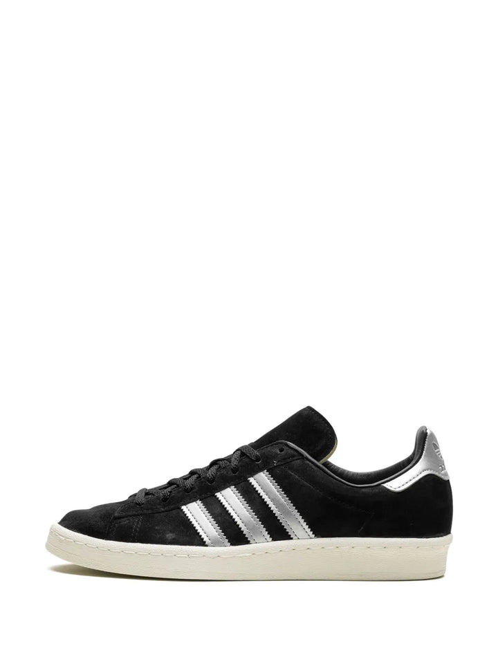 adidas Campus 80S Black Off White Sneakers — Black/Silver-Tone — Size US M 10.5 - US W 12 — Lifestyle View