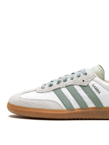 adidas Samba Silver Green Sneakers — White/Light Grey/Green — Size US M 8.5 - US W 10 — Lifestyle View