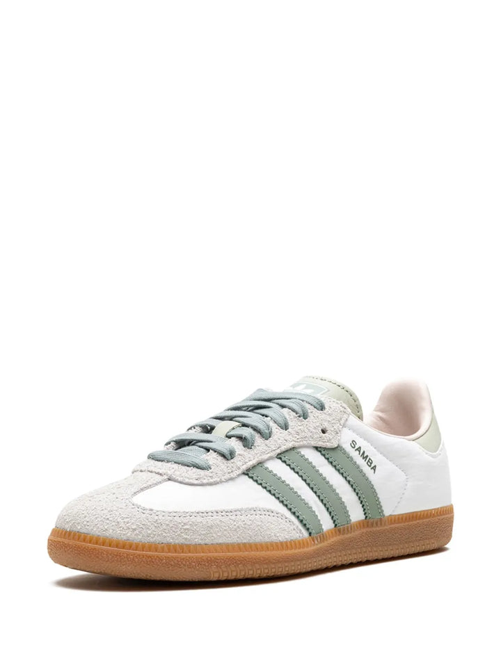 adidas Samba Silver Green Sneakers — White/Light Grey/Green — Size US M 8.5 - US W 10 — Detail View
