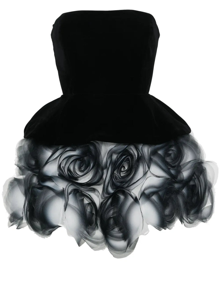 Ana Radu Floral Applique Strapless Minidress — Black/ White — Size XS — Front View