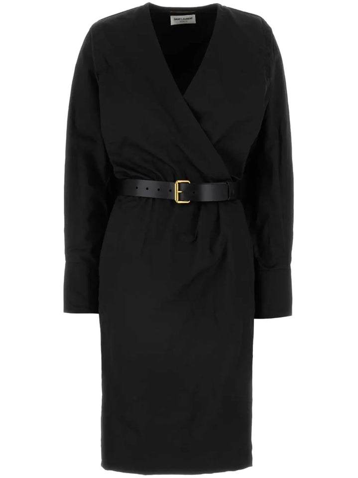 Saint Laurent Belted Wrap Midi Dress — Black — Size XS — Front View