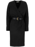 Saint Laurent Belted Wrap Midi Dress — Black — Size XS — Front View