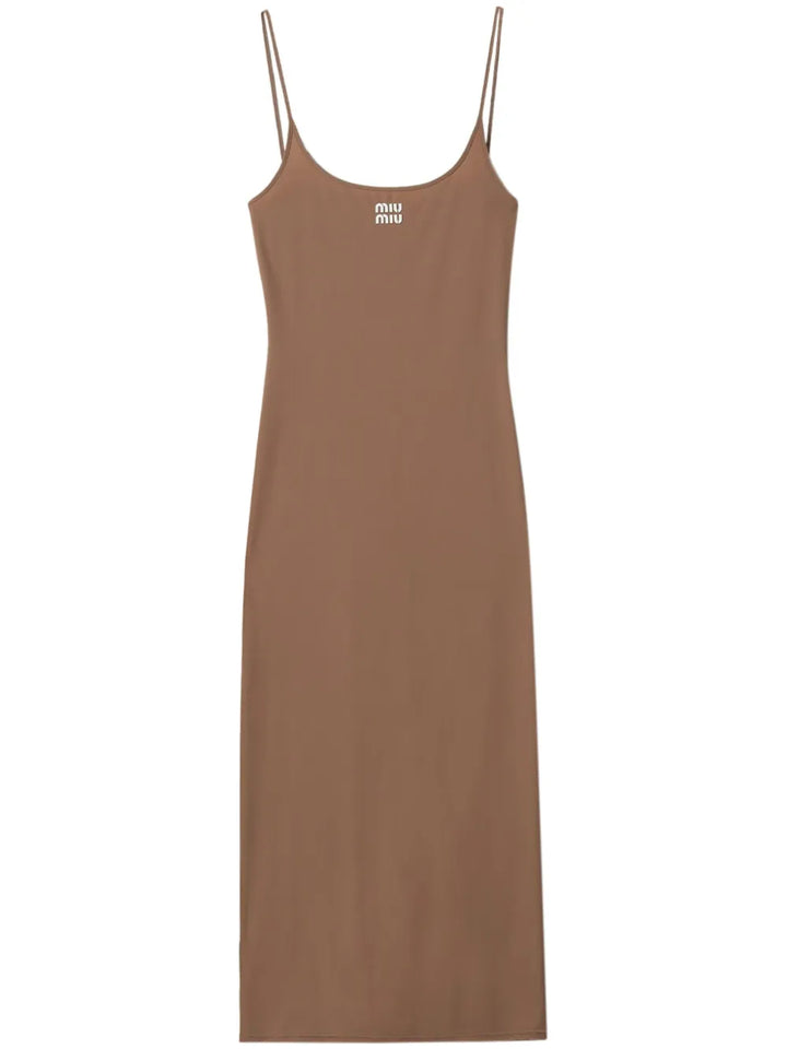 Miu Miu Logo Print Jersey Midi Dress — Brown — Size XS — Front View