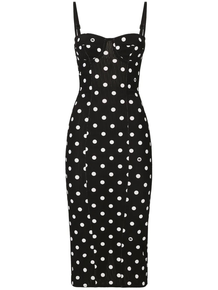 Dolce Gabbana Polka Dot Corset Midi Dress — Black/ White — Size XS — Front View