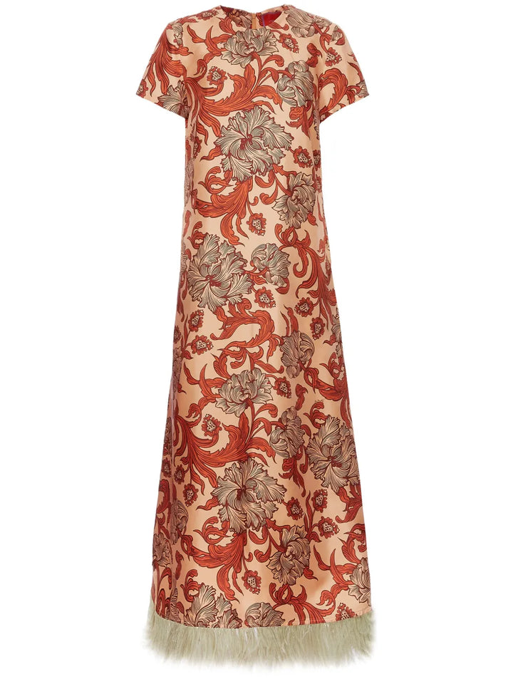 La Doublej Swing Feather Trimmed Dress — Red — Size XS — Front View