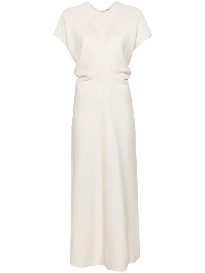 Toteme Draped Detailing Textured Maxi Dress — White/ Red/ Cream — Size XS — Front View