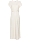 Toteme Draped Detailing Textured Maxi Dress — White/ Red/ Cream — Size XS — Front View