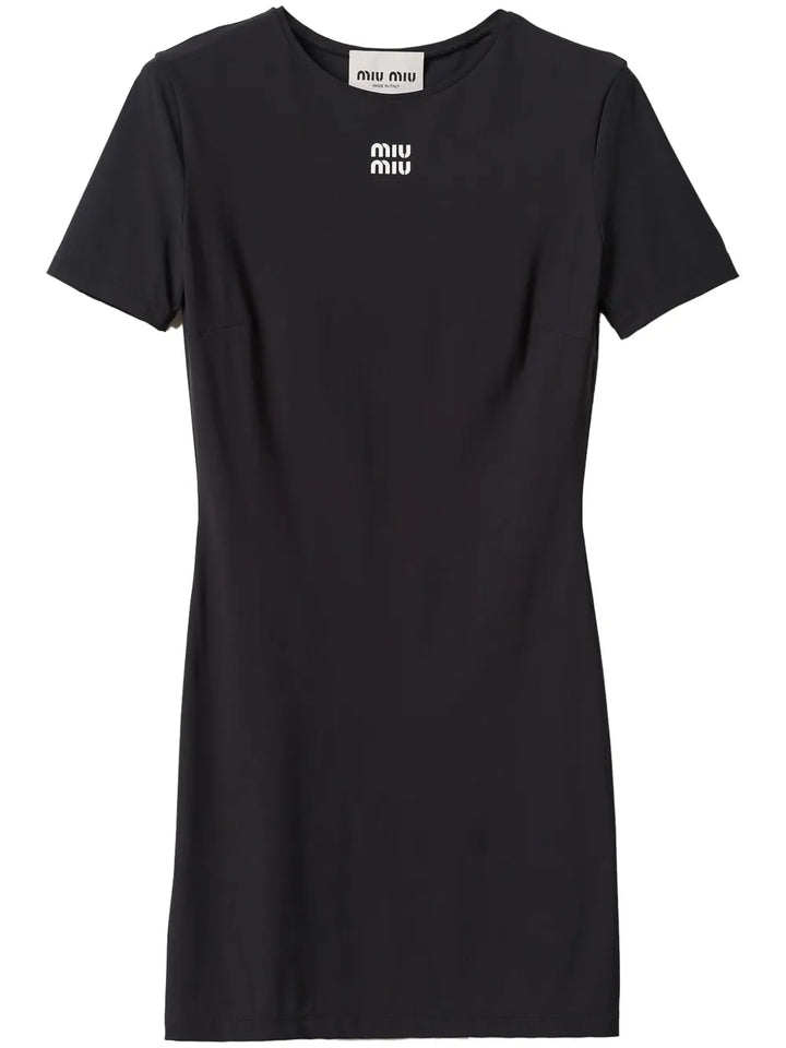 Miu Miu Logo Print Short Sleeve Minidress — Black — Size XS — Front View