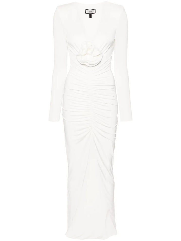 Nissa Rose Applique Ruched Maxi Dress — White — Size XS — Front View