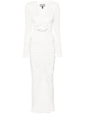 Nissa Rose Applique Ruched Maxi Dress — White — Size XS — Front View
