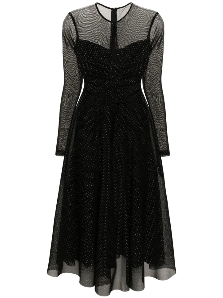 Nissa Studded Flared Midi Dress — Black/ Red — Size M — Front View