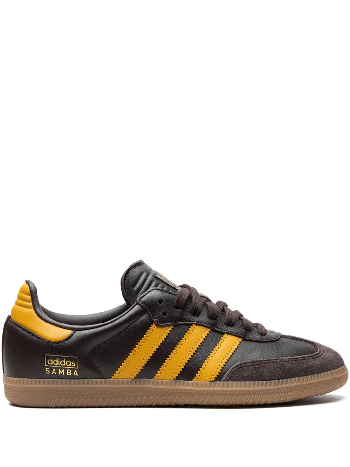 adidas Samba Leather Sneakers — Chocolate Brown/Amber Yellow — Size US M 10.5 - US W 12 — Front View