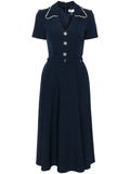 Nissa V Neck Belted Midi Dress — Blue/ Navy/ Red — Size L — Front View